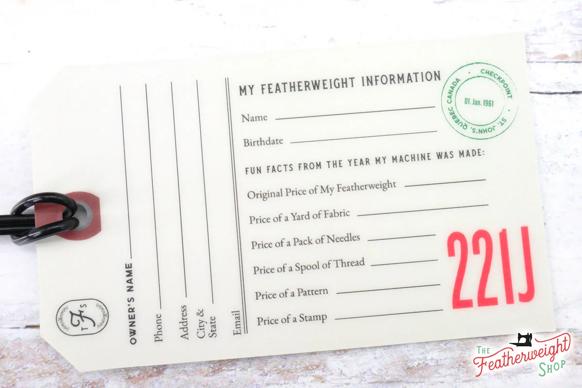 221J (TAN) Luggage & I.D. Tag for Singer Featherweight - Image 3