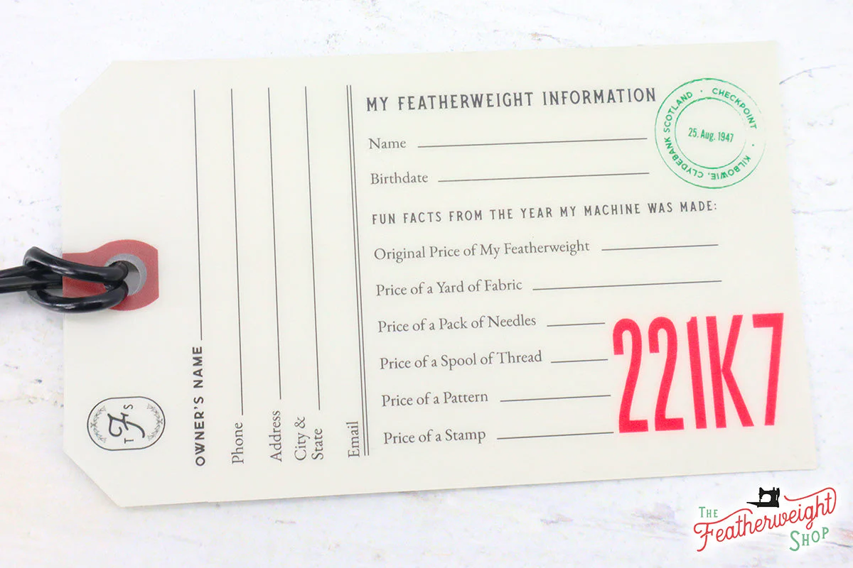 221K7 (WHITE) Luggage & I.D. Tag for Singer Featherweight - Image 3